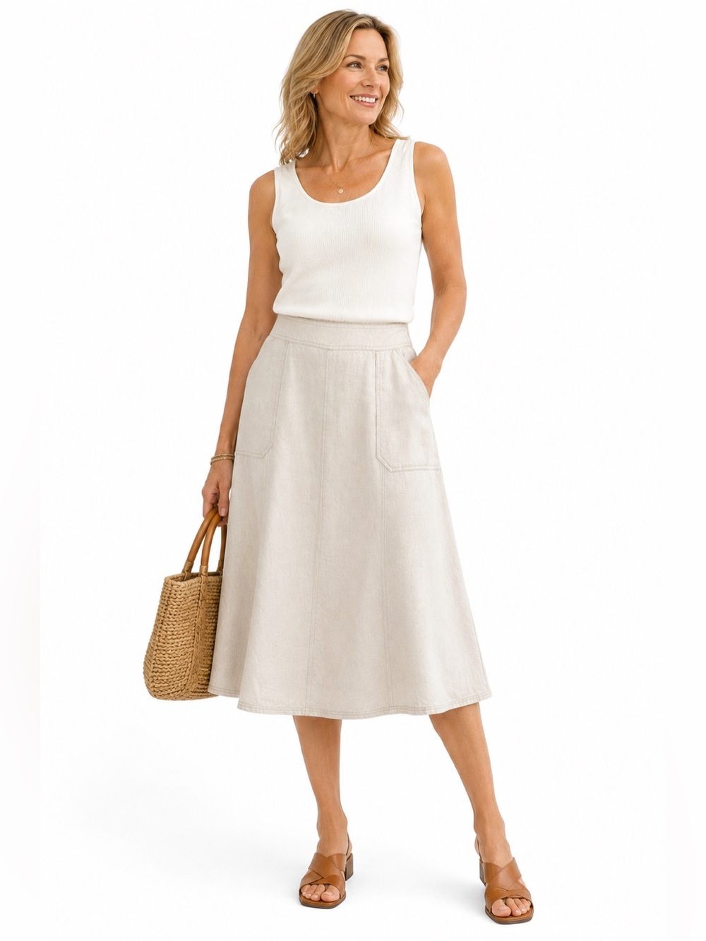 JM Collection 100% Linen Long A-Line Utility Skirt Ivory Beige 34” Waist